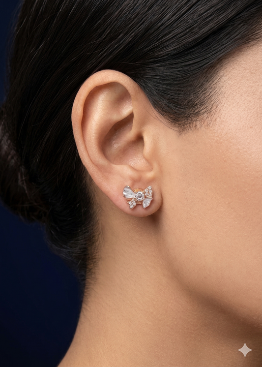 Cute Bow Design Silver Stud Earring with Crystal & White Stone for Women