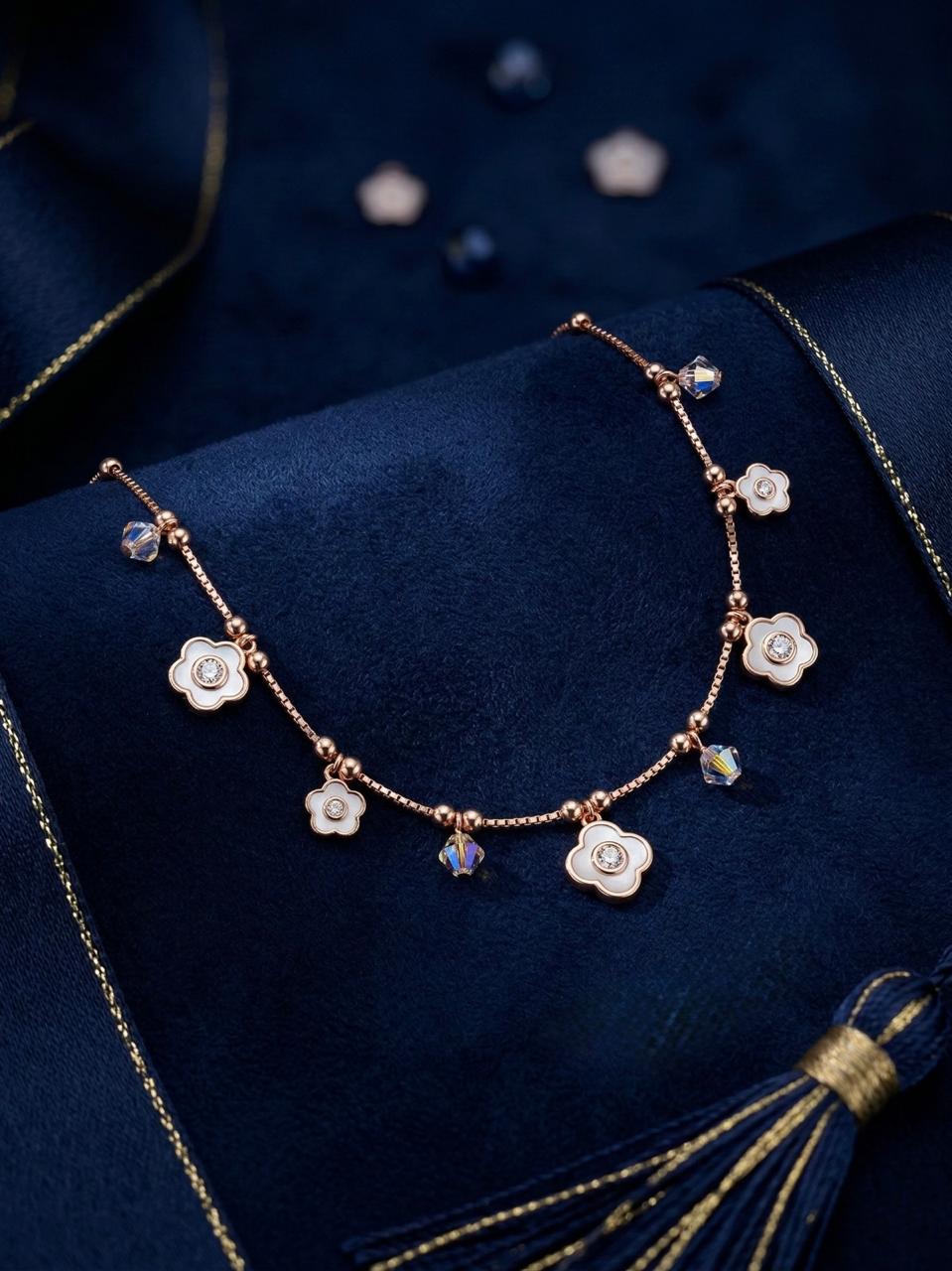 Rose Gold Floral Charm Anklet with White Enamel & Crystals