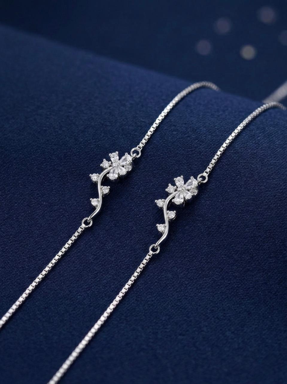 Silver Floral Anklet for Women with Crystal Stones