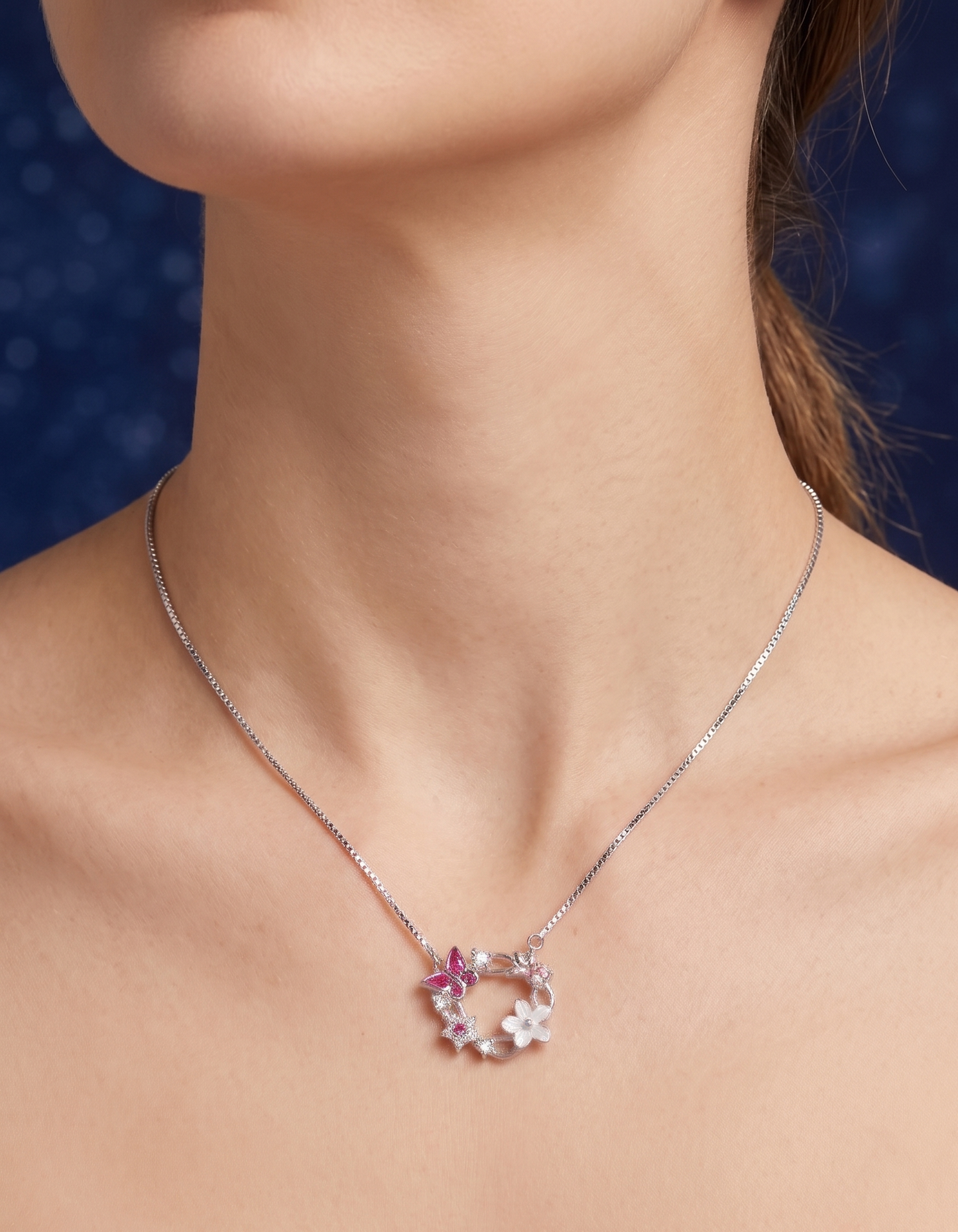 Stylish Silver Floral Butterfly Pendant Chain with Pink Stone | Elegant Designer Necklace for Women