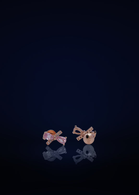 Elegant Pink Bow Silver Stud Earrings with Crystal Stones for Women