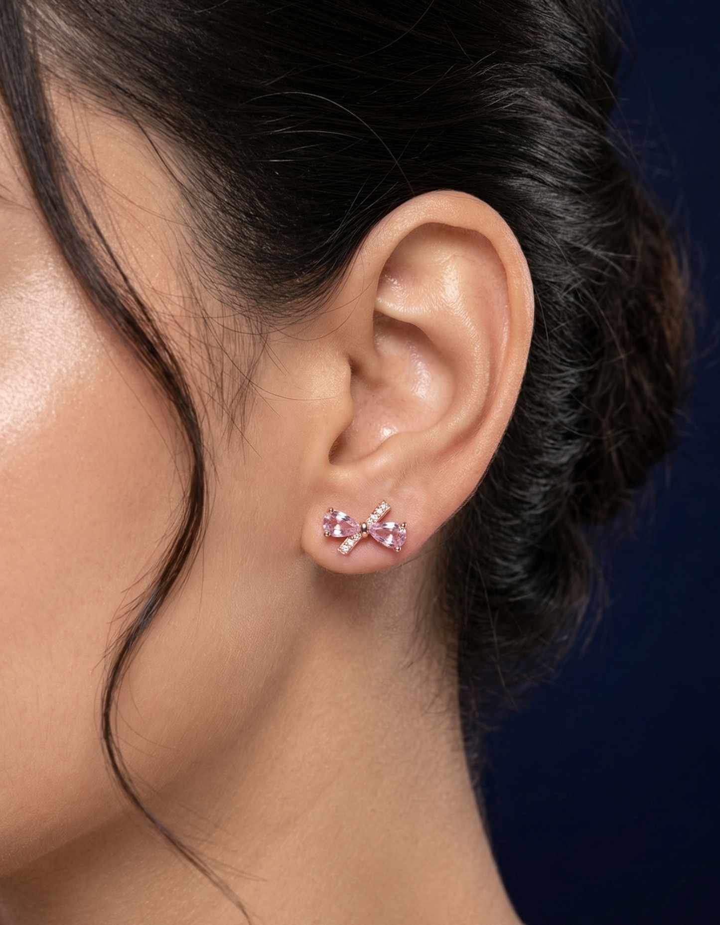 Elegant Pink Bow Silver Stud Earrings with Crystal Stones for Women