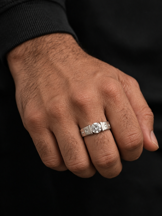 Premium Silver Diamond Look Ring for Men | Matte Finish Statement Band with Stone