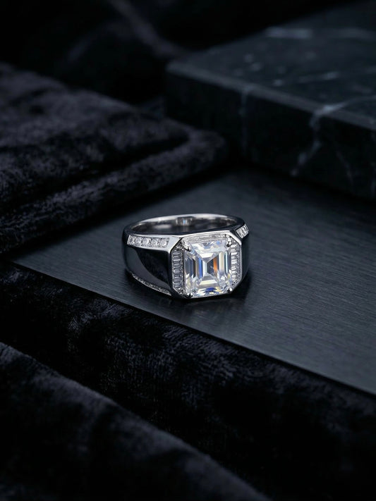 Luxury Silver Ring with Emerald Cut Zircon Stone for Men | Premium Statement Ring