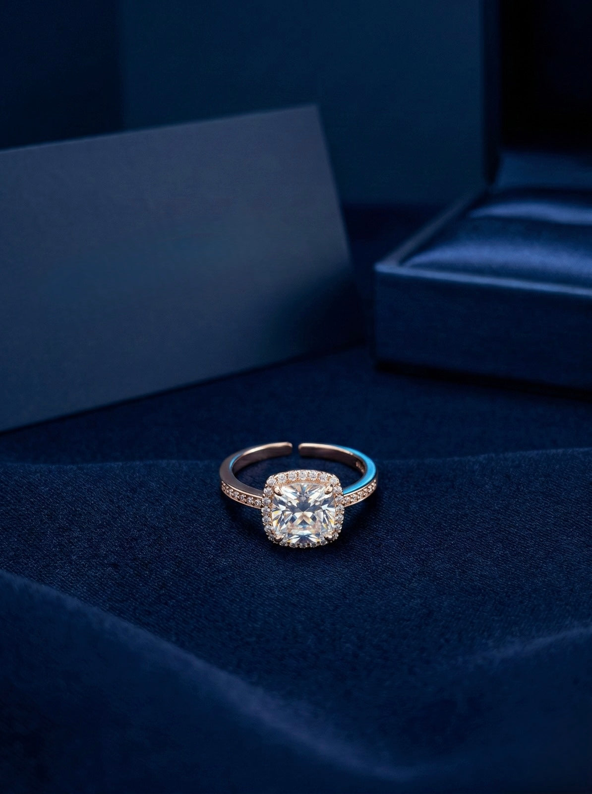 Cushion-Cut Halo Promise Ring – Rose Gold Adjustable Band