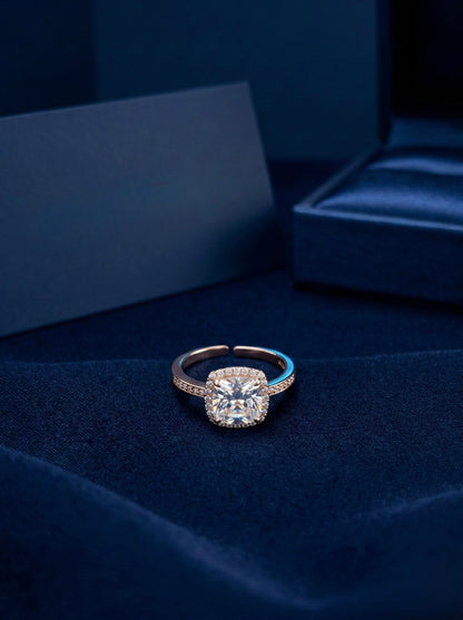 Cushion-Cut Halo Promise Ring – Rose Gold Adjustable Band