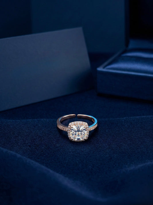 Cushion-Cut Halo Promise Ring – Rose Gold Adjustable Band