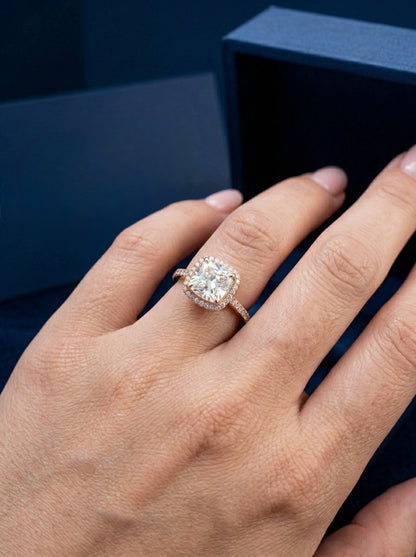 Cushion-Cut Halo Promise Ring – Rose Gold Adjustable Band