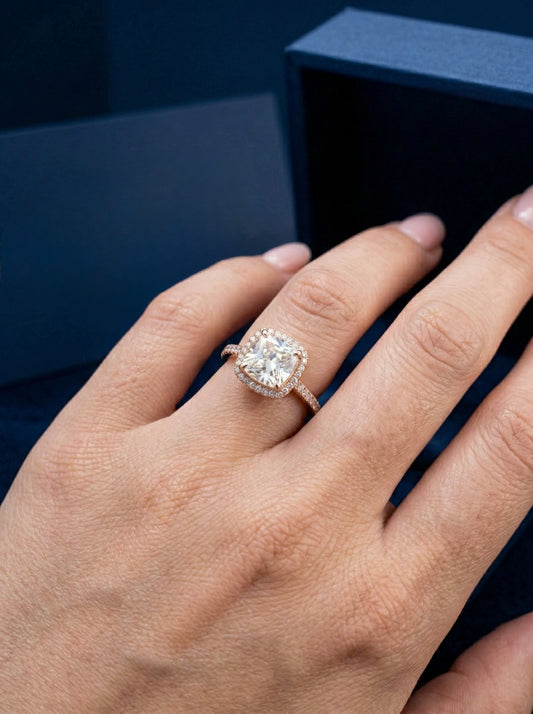 Cushion-Cut Halo Promise Ring – Rose Gold Adjustable Band