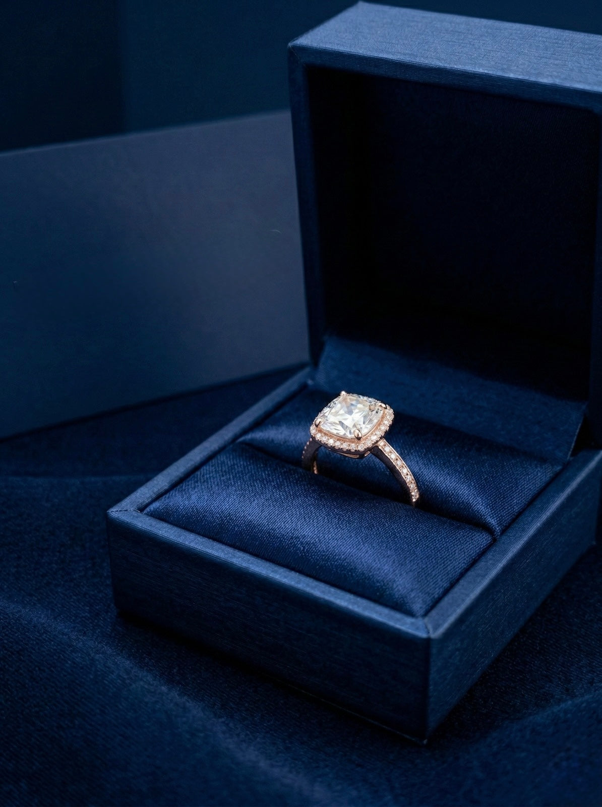 Cushion-Cut Halo Promise Ring – Rose Gold Adjustable Band