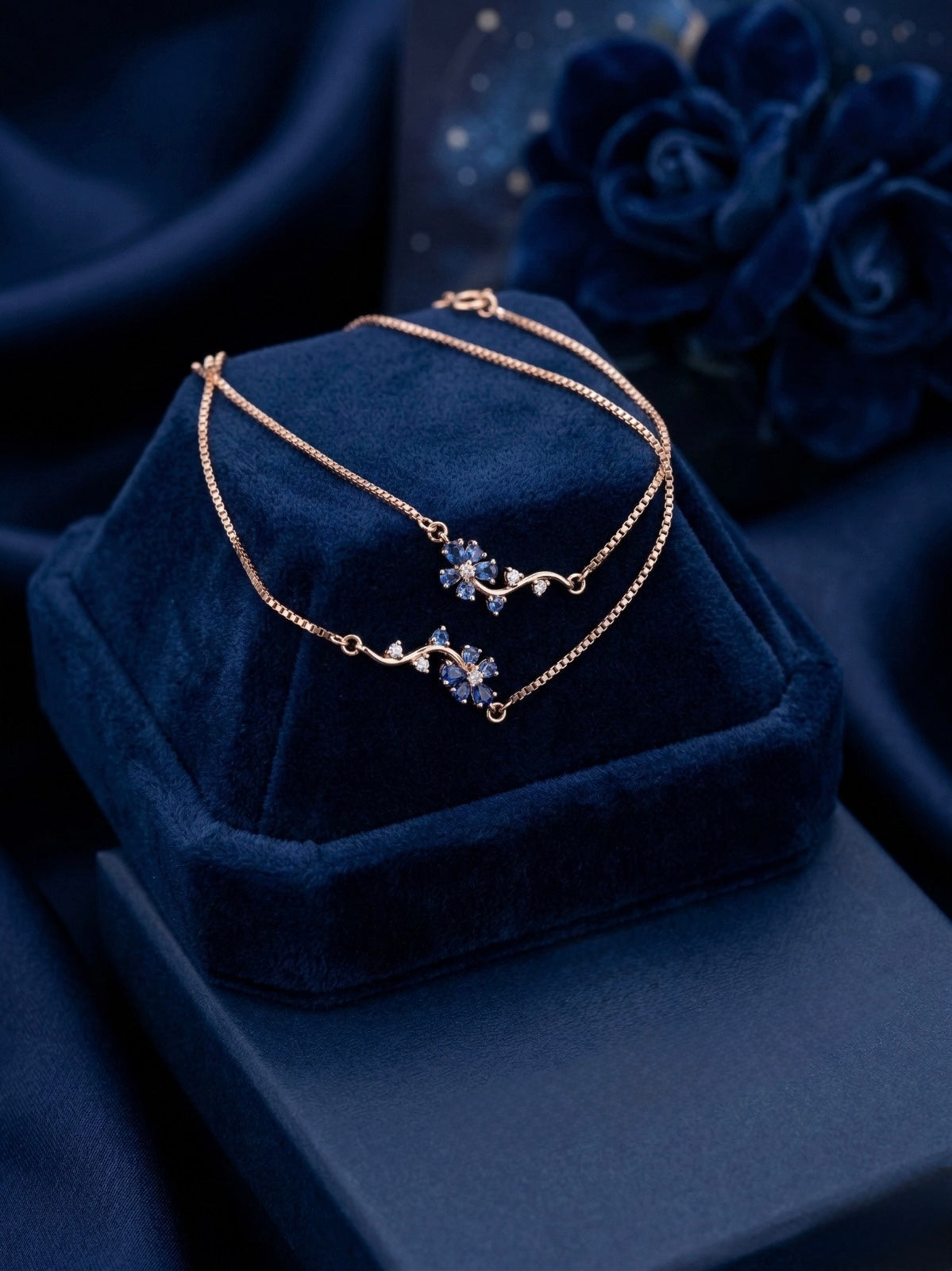 Rose Gold Floral Anklet for Women with Blue Stones