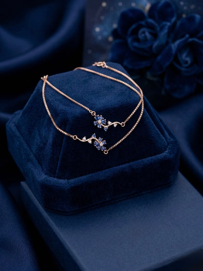 Rose Gold Floral Anklet for Women with Blue Stones