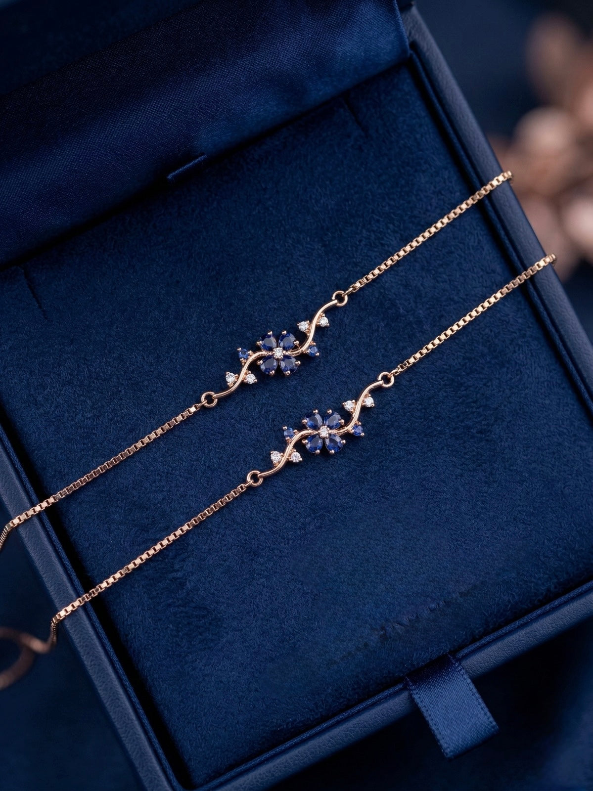 Rose Gold Floral Anklet for Women with Blue Stones