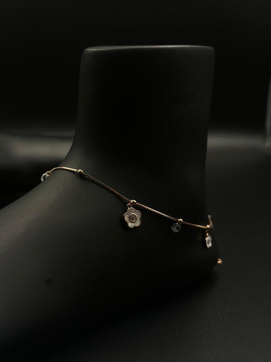 Rose Gold Floral Charm Anklet with White Enamel & Crystals