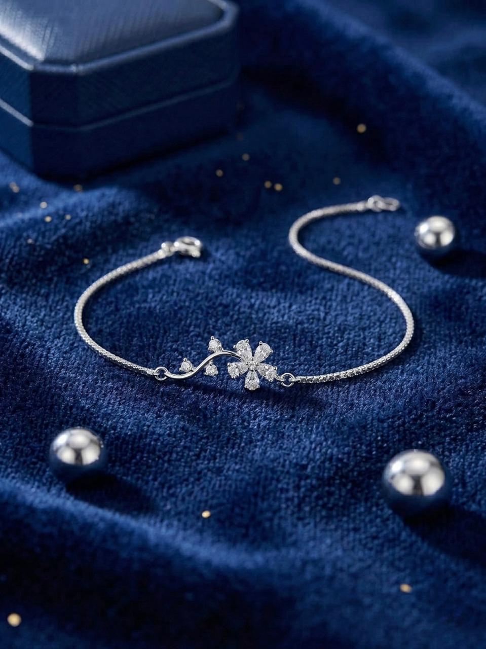 Silver Floral Anklet for Women with Crystal Stones