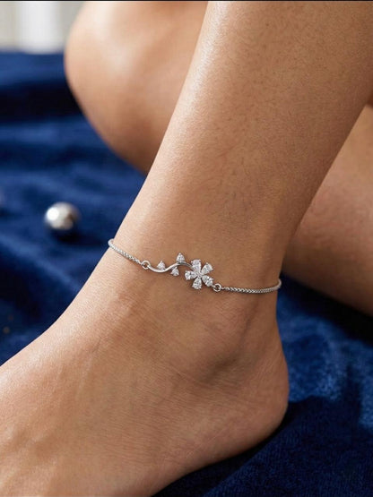Silver Floral Anklet for Women with Crystal Stones