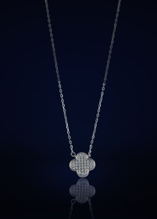 Elegant Silver Clover Pendant Necklace with Crystal Stones