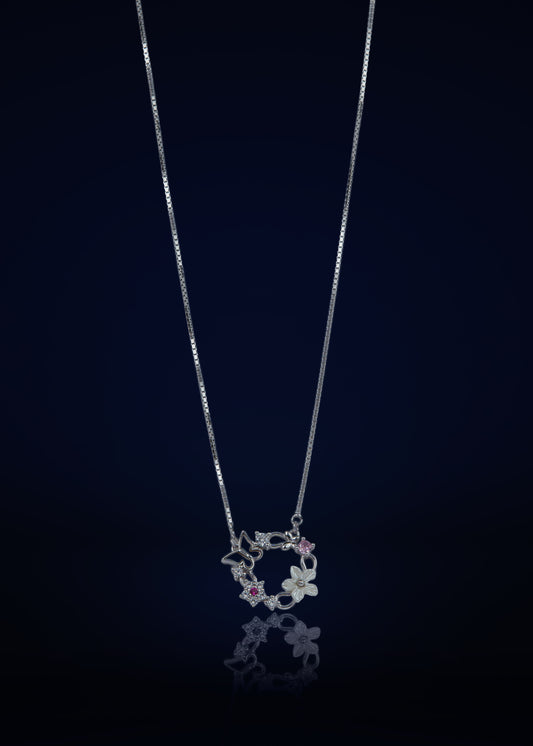 Stylish Silver Floral Butterfly Pendant Chain with Pink Stone | Elegant Designer Necklace for Women