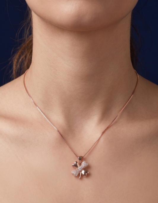 Elegant Silver Clover Pendant Chain with Sparkling Stones | Stylish Rose Gold Finish Necklace for Women