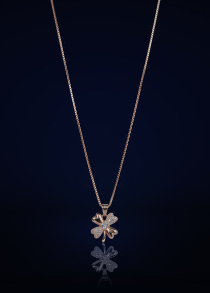 Elegant Silver Clover Pendant Chain with Sparkling Stones | Stylish Rose Gold Finish Necklace for Women