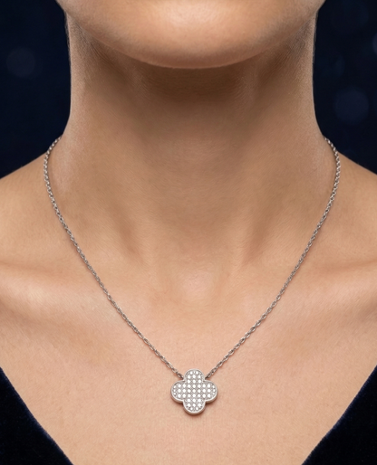 Elegant Silver Clover Pendant Necklace with Crystal Stones