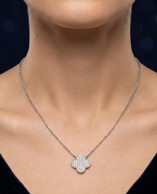 Elegant Silver Clover Pendant Necklace with Crystal Stones
