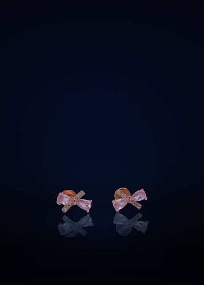 Elegant Pink Bow Silver Stud Earrings with Crystal Stones for Women