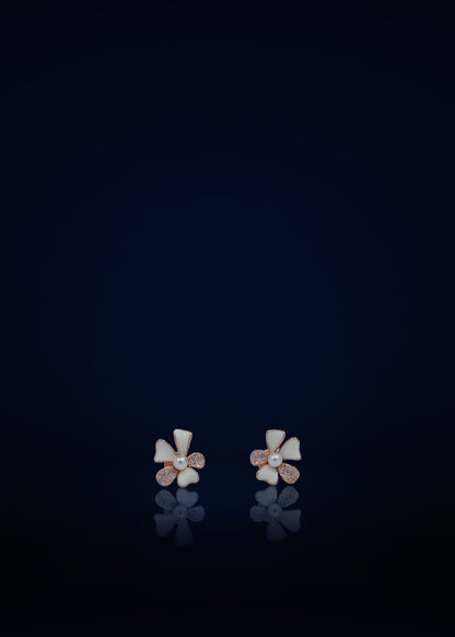 Elegant Silver Floral Stud Earrings with Pearl & Crystal | Minimalist Flower Design Daily Wear Jewelry