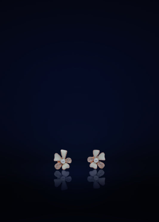 Elegant Silver Floral Stud Earrings with Pearl & Crystal | Minimalist Flower Design Daily Wear Jewelry
